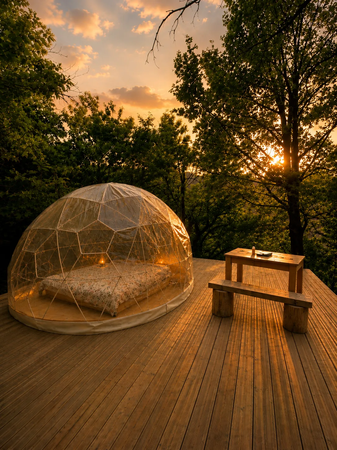 Dôme sous les étoiles au coucher de soleil, Wake Up Village
