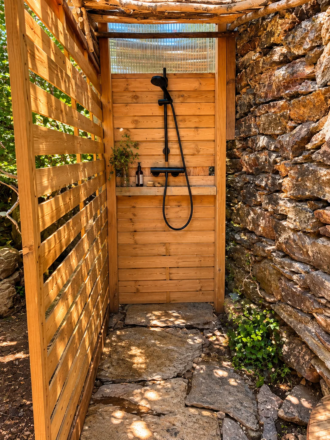 Douche à ciel ouvert, eau chaude